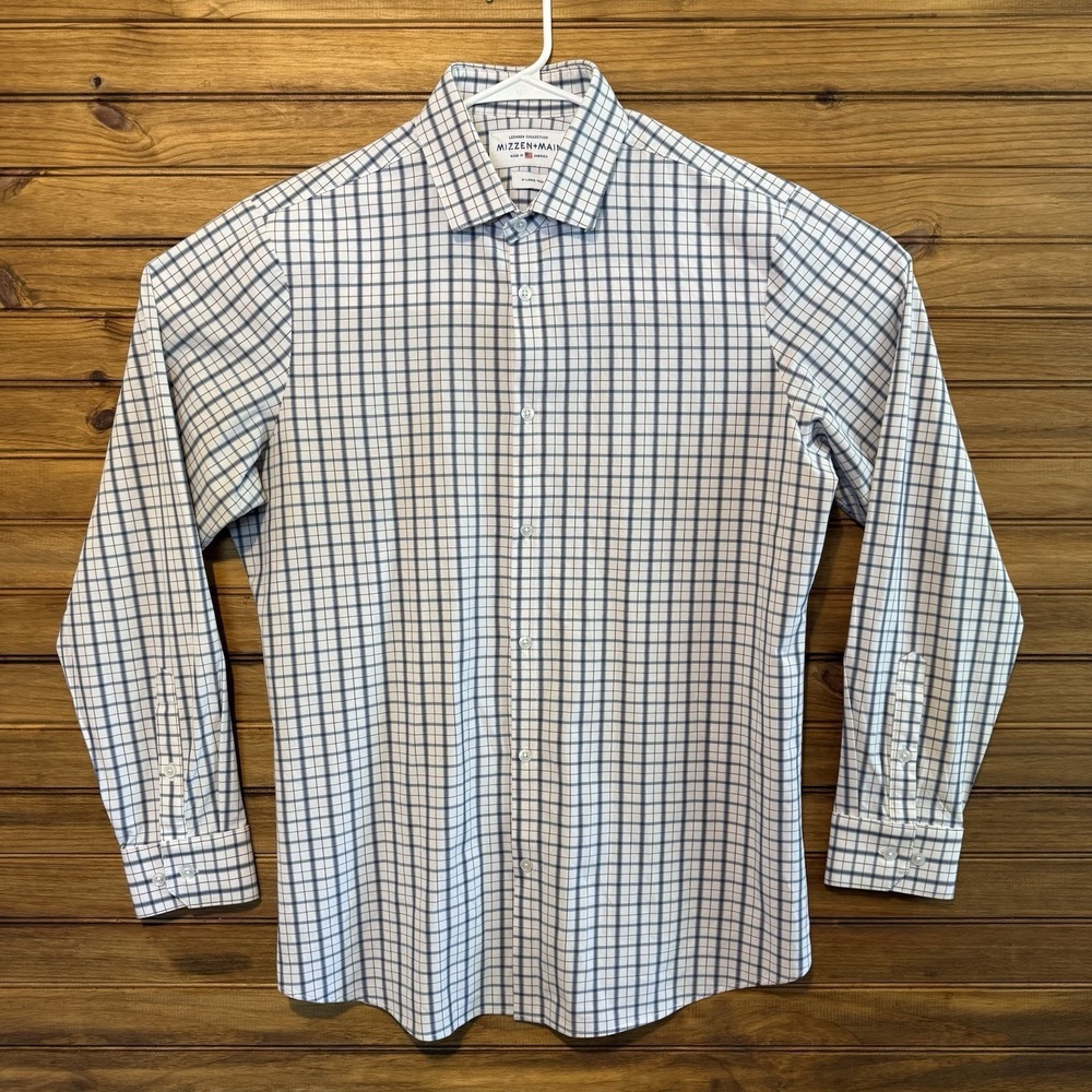 Mizzen Main Leeward Shirt Mens XL Trim Fit White Blue Check Lightweight Stretch
